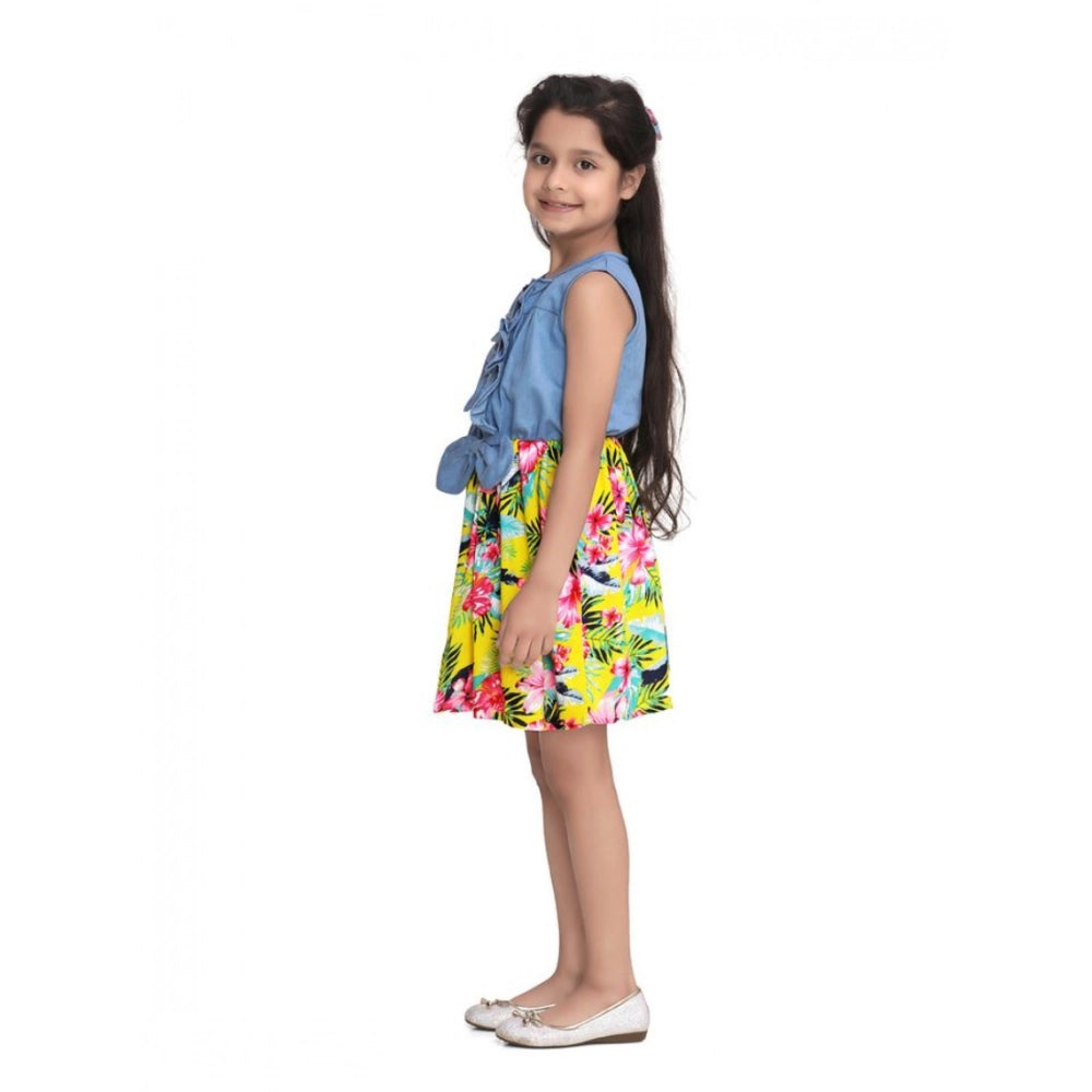 Girl's Denim Floral Sleeveless Dress (Blue-Yellow)