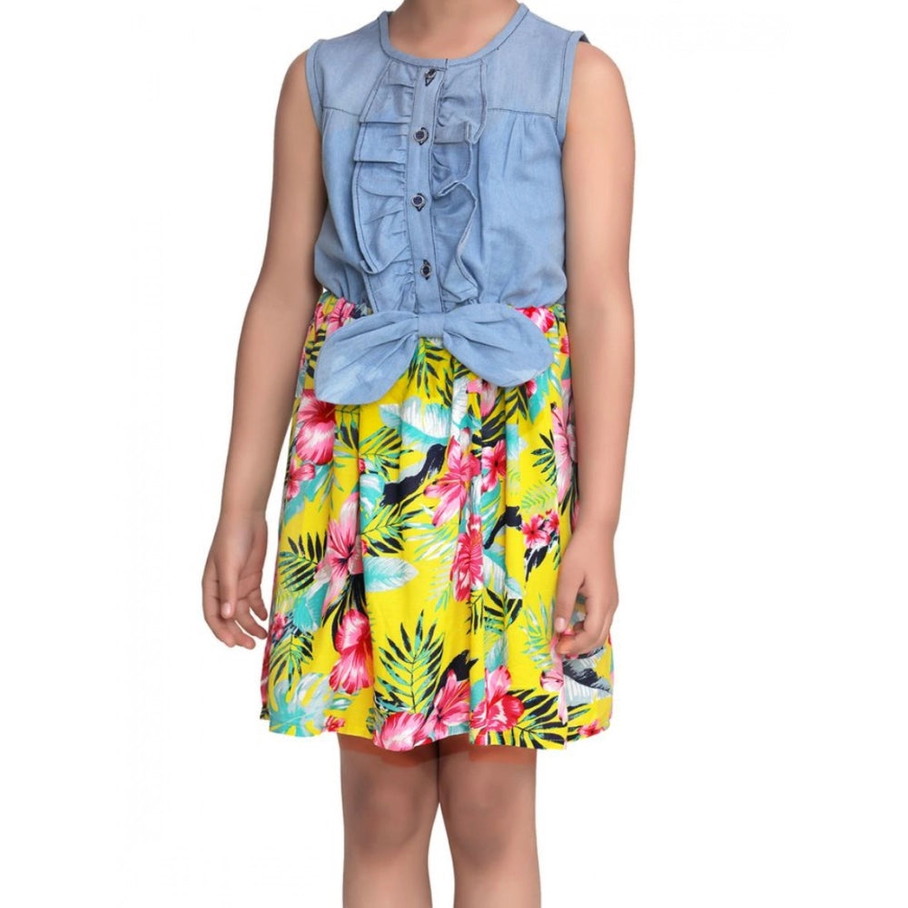 Girl's Denim Floral Sleeveless Dress (Blue-Yellow)