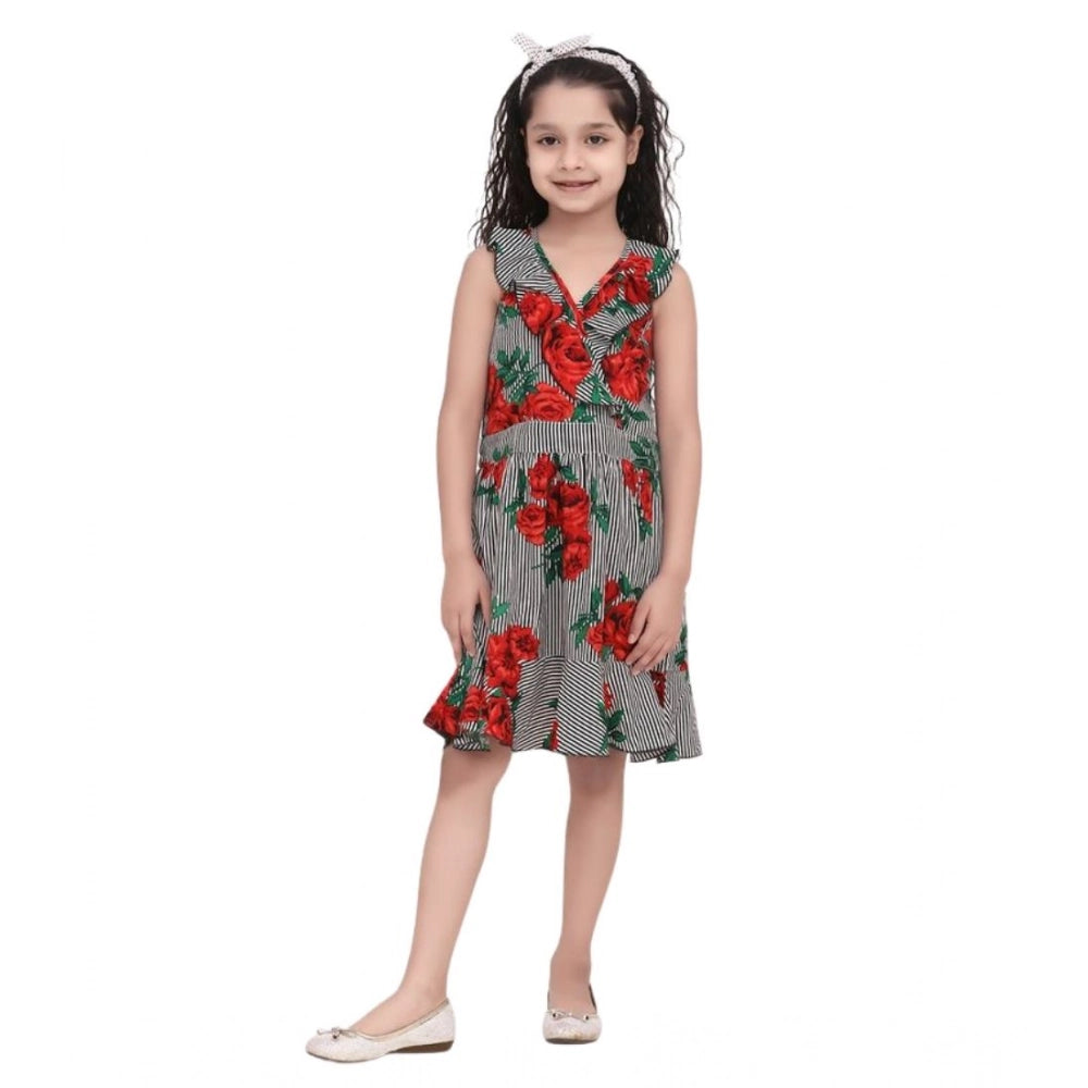 Girl's Polyester Crepe Floral Shoulder Straps Dress (Red)