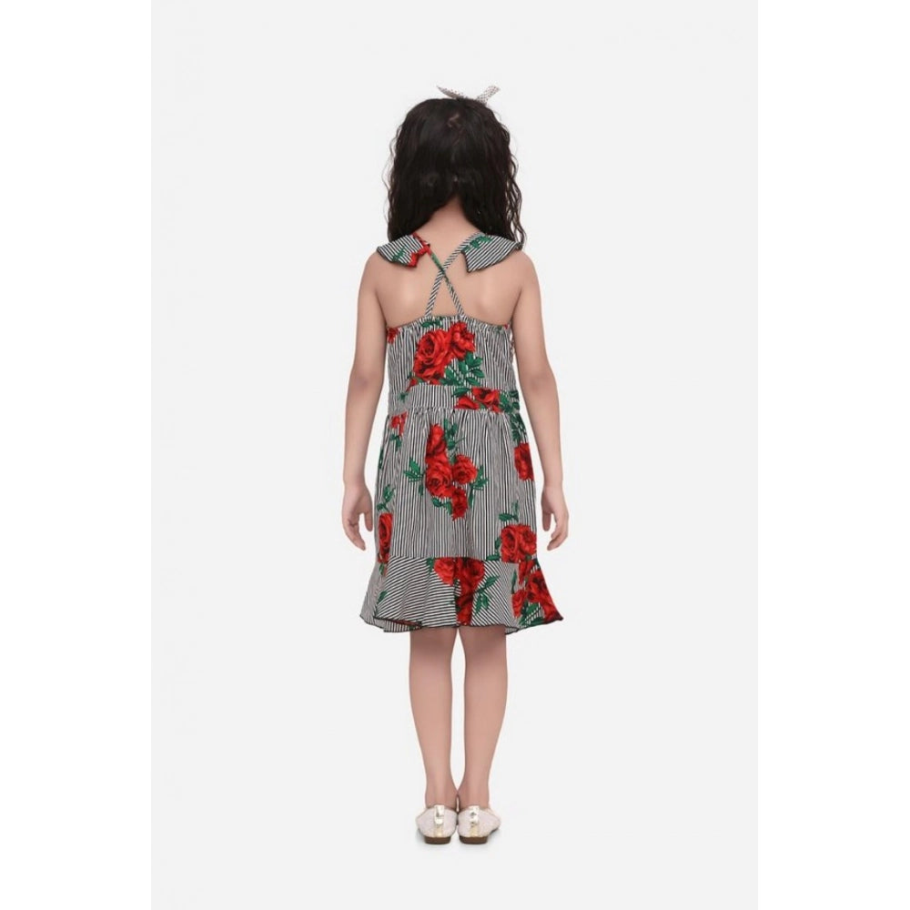 Girl's Polyester Crepe Floral Shoulder Straps Dress (Red)