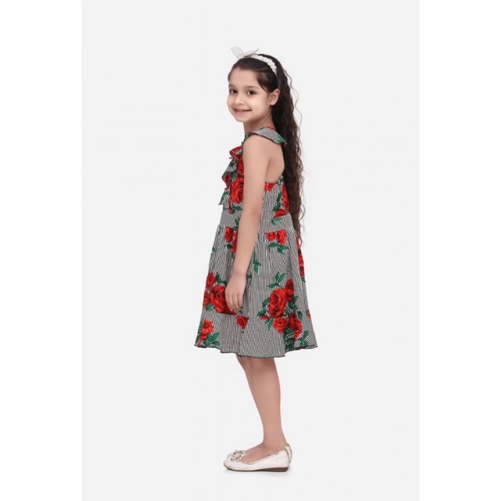 Girl's Polyester Crepe Floral Shoulder Straps Dress (Red)