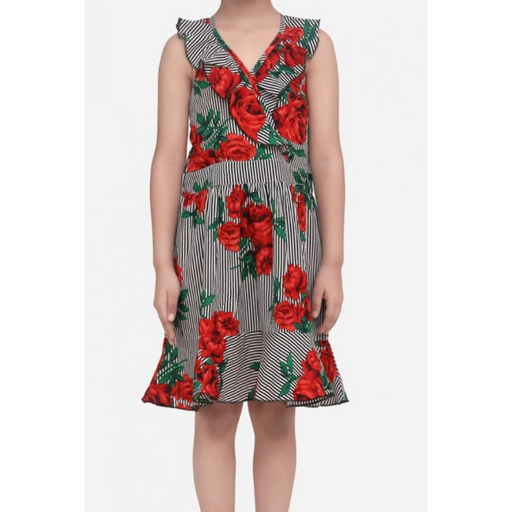 Girl's Polyester Crepe Floral Shoulder Straps Dress (Red)