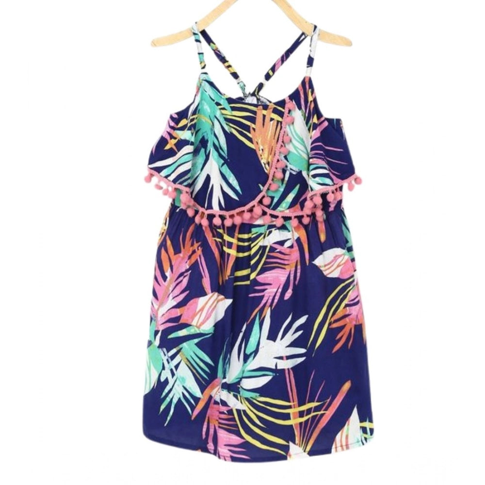 Girl's Rayon Printed Shoulder Straps Dress (Navy Blue)