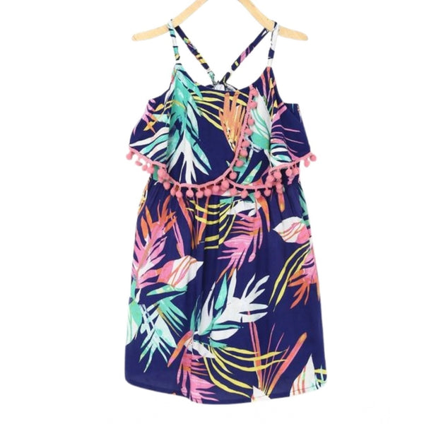 Girl's Rayon Printed Shoulder Straps Dress (Navy Blue)