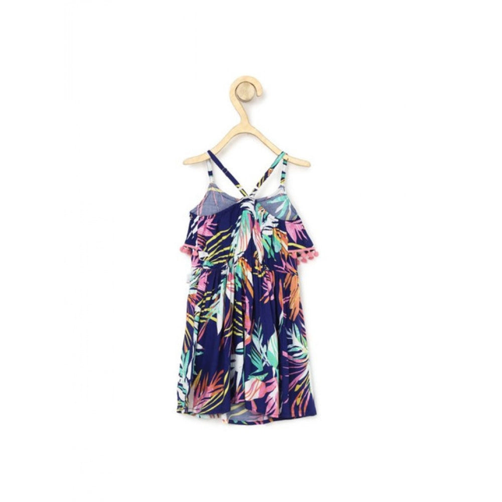 Girl's Rayon Printed Shoulder Straps Dress (Navy Blue)