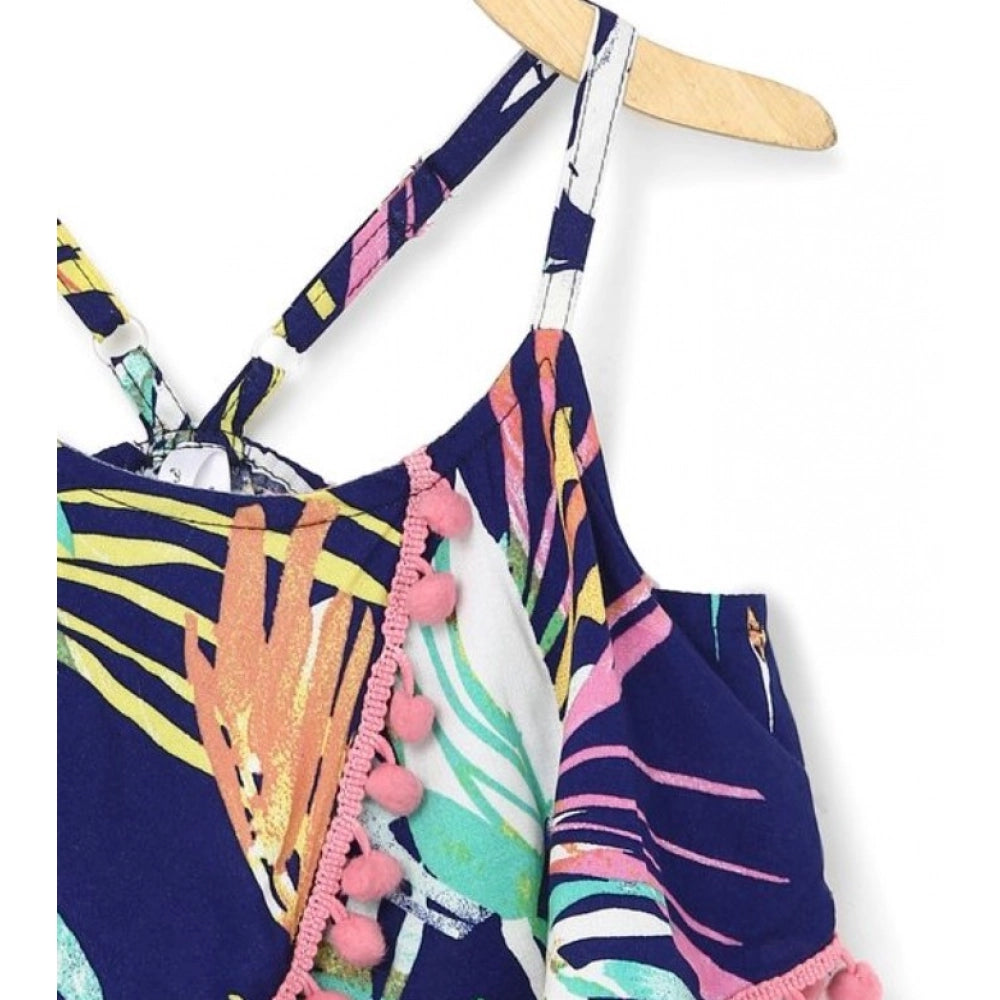 Girl's Rayon Printed Shoulder Straps Dress (Navy Blue)