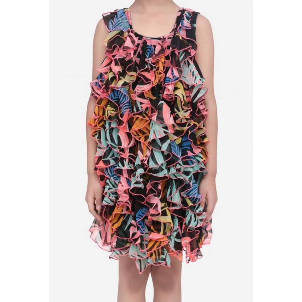Girl's Chiffon Ruffled Sleeveless Dress (Black)