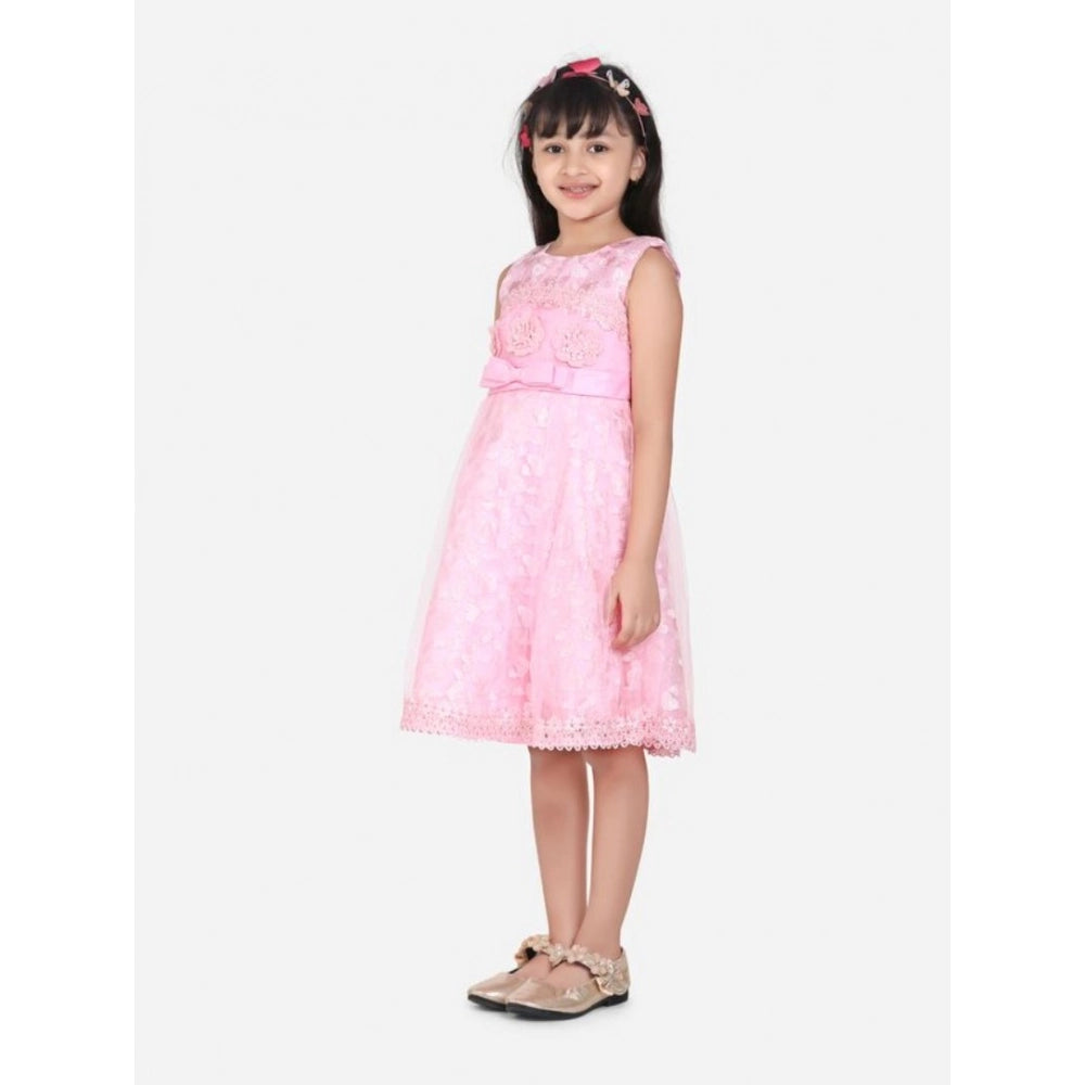 Girl's Net Embroidered Sleeveless Dress (Pink)