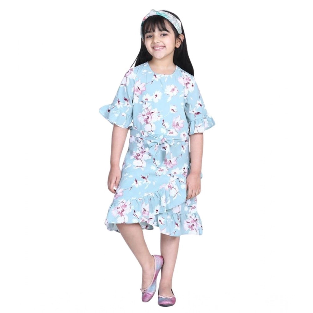 Girl's Polyester Crepe Floral Bell Sleeve Dress (Turquoise Blue)