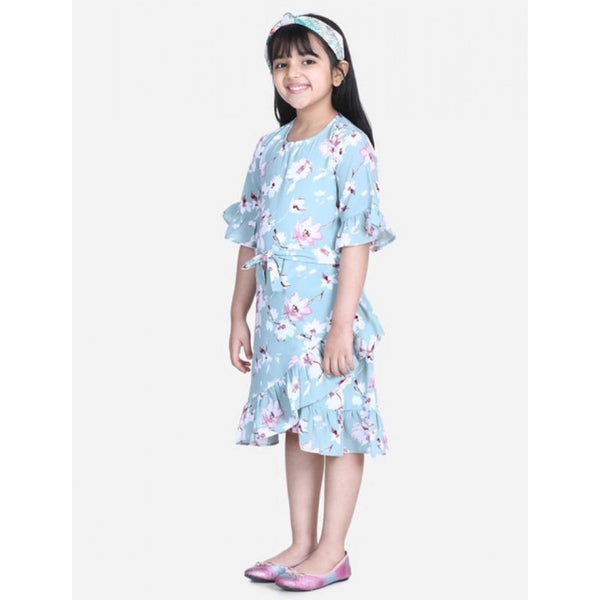 Girl's Polyester Crepe Floral Bell Sleeve Dress (Turquoise Blue)