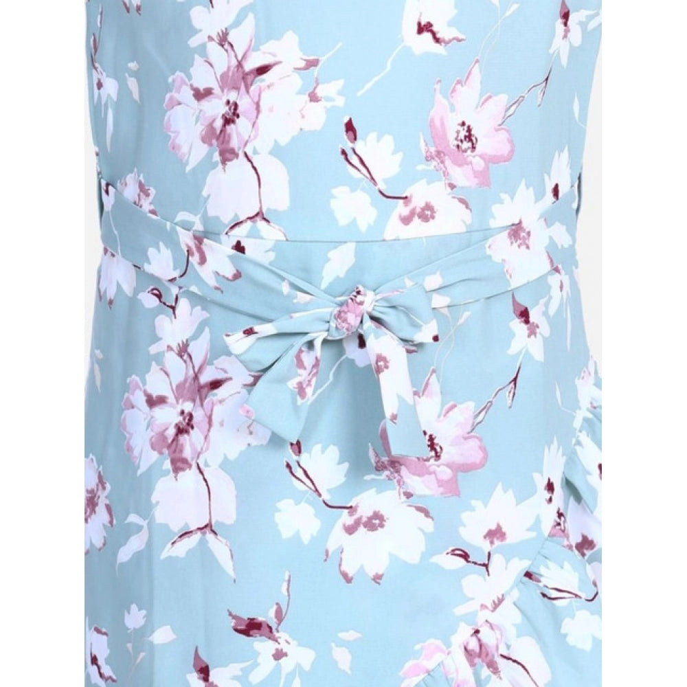 Girl's Polyester Crepe Floral Bell Sleeve Dress (Turquoise Blue)
