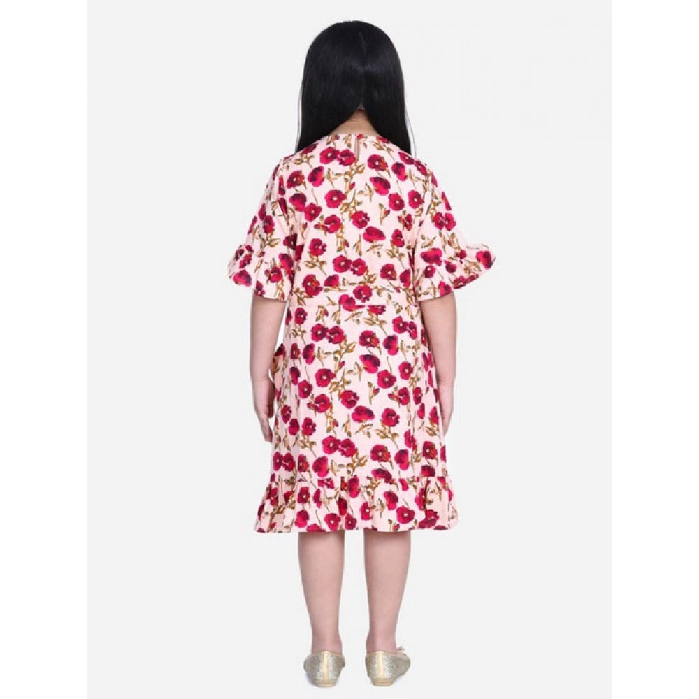 Girl's Polyester Crepe Floral Bell Sleeve Dress (Red-Pink)