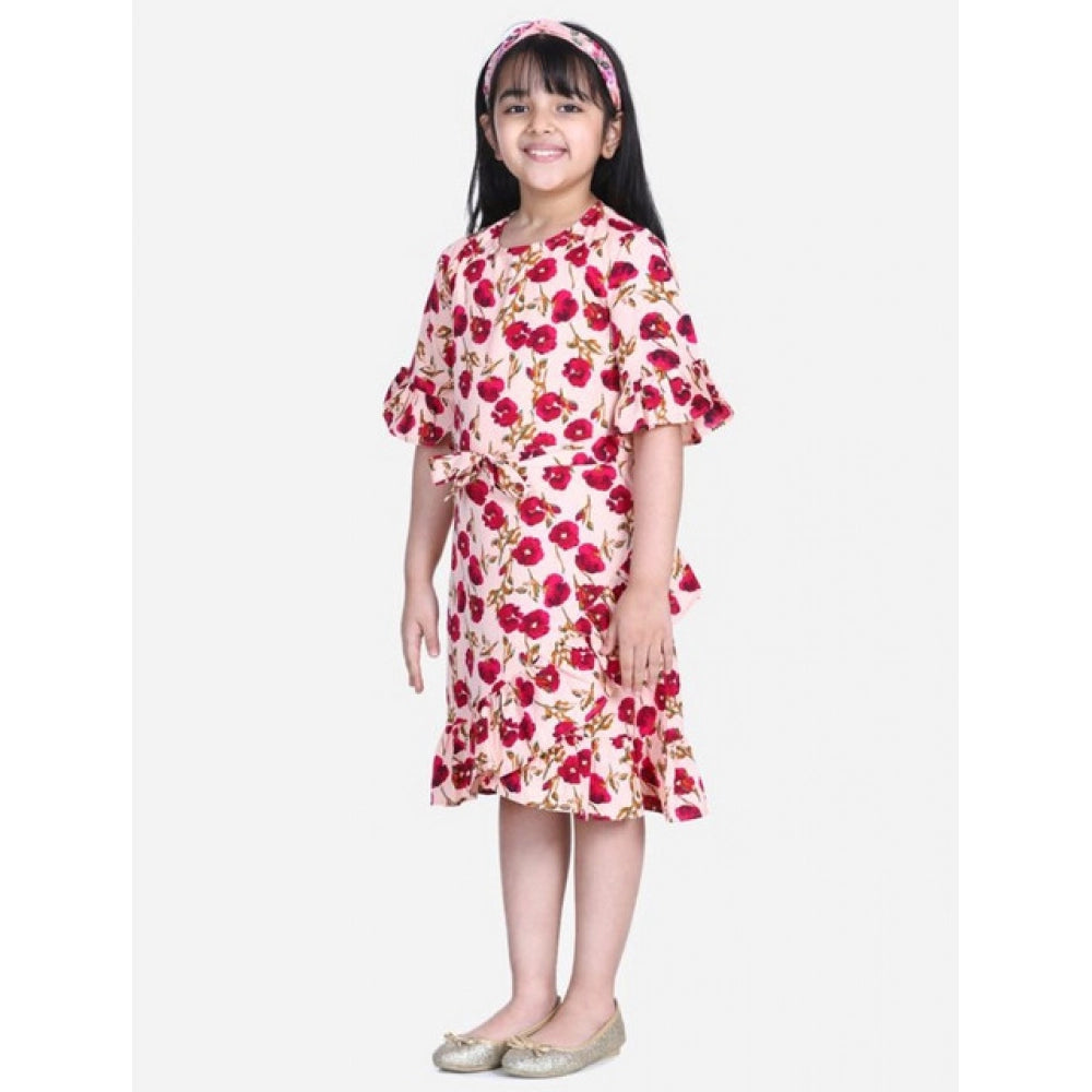 Girl's Polyester Crepe Floral Bell Sleeve Dress (Red-Pink)