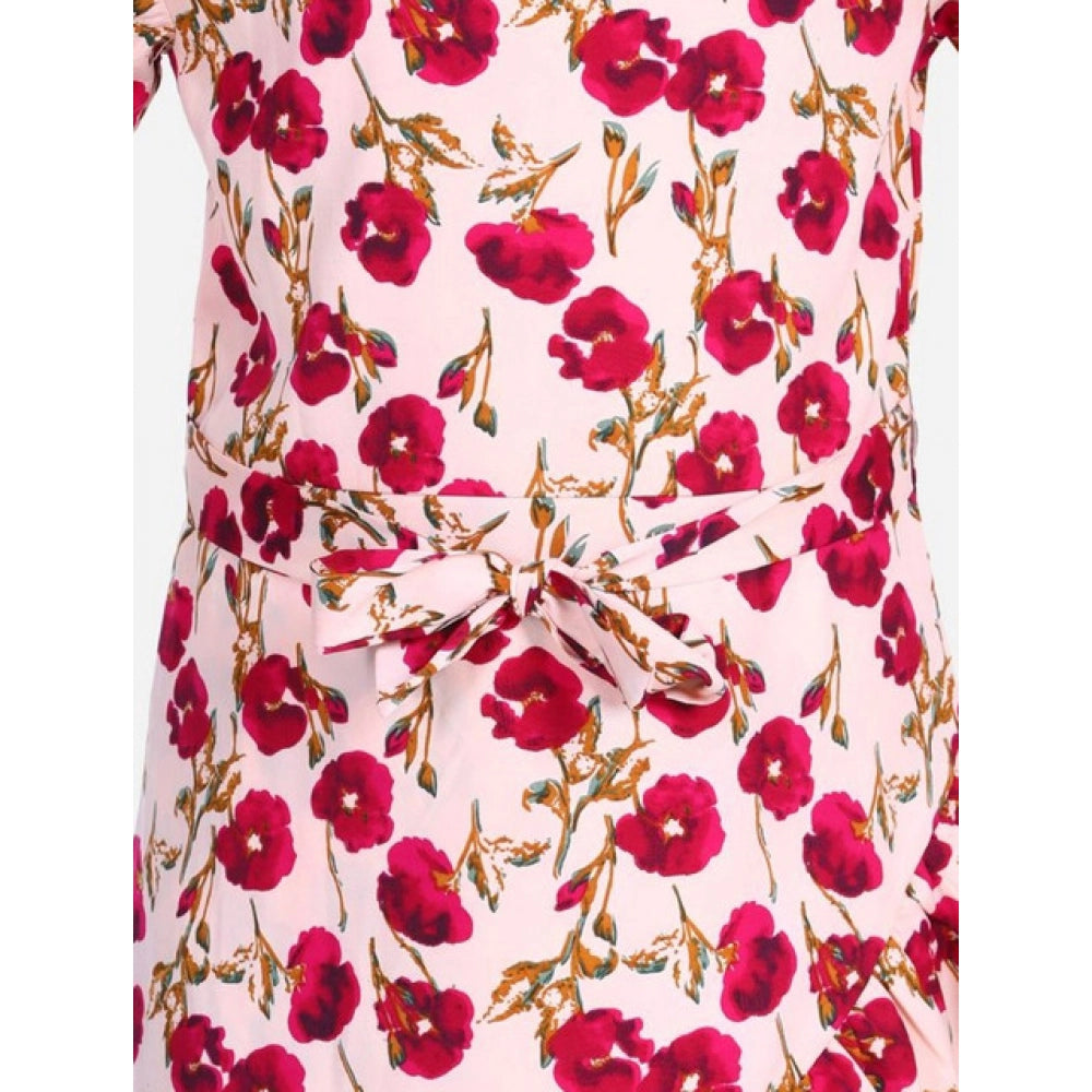 Girl's Polyester Crepe Floral Bell Sleeve Dress (Red-Pink)