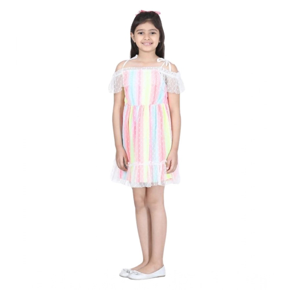Girl's Polyester Self Design Cold Shoulder Dress (Multicolor)