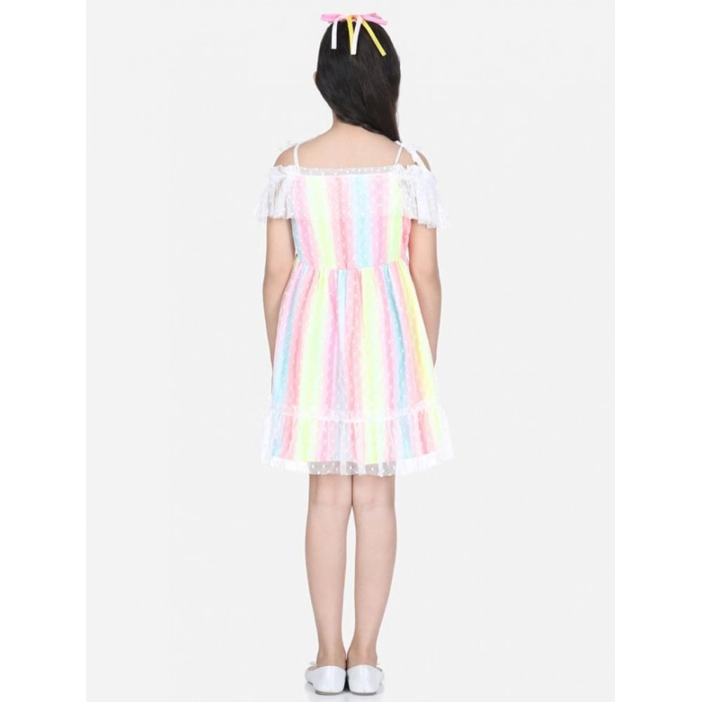 Girl's Polyester Self Design Cold Shoulder Dress (Multicolor)