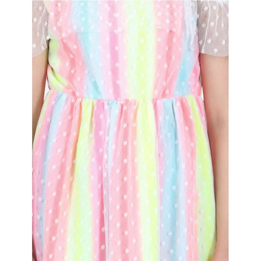 Girl's Polyester Self Design Cold Shoulder Dress (Multicolor)