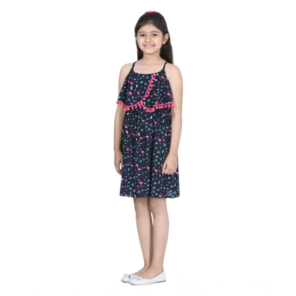 Girl's Rayon Flamingo Print Sleeveless Dress (Black)