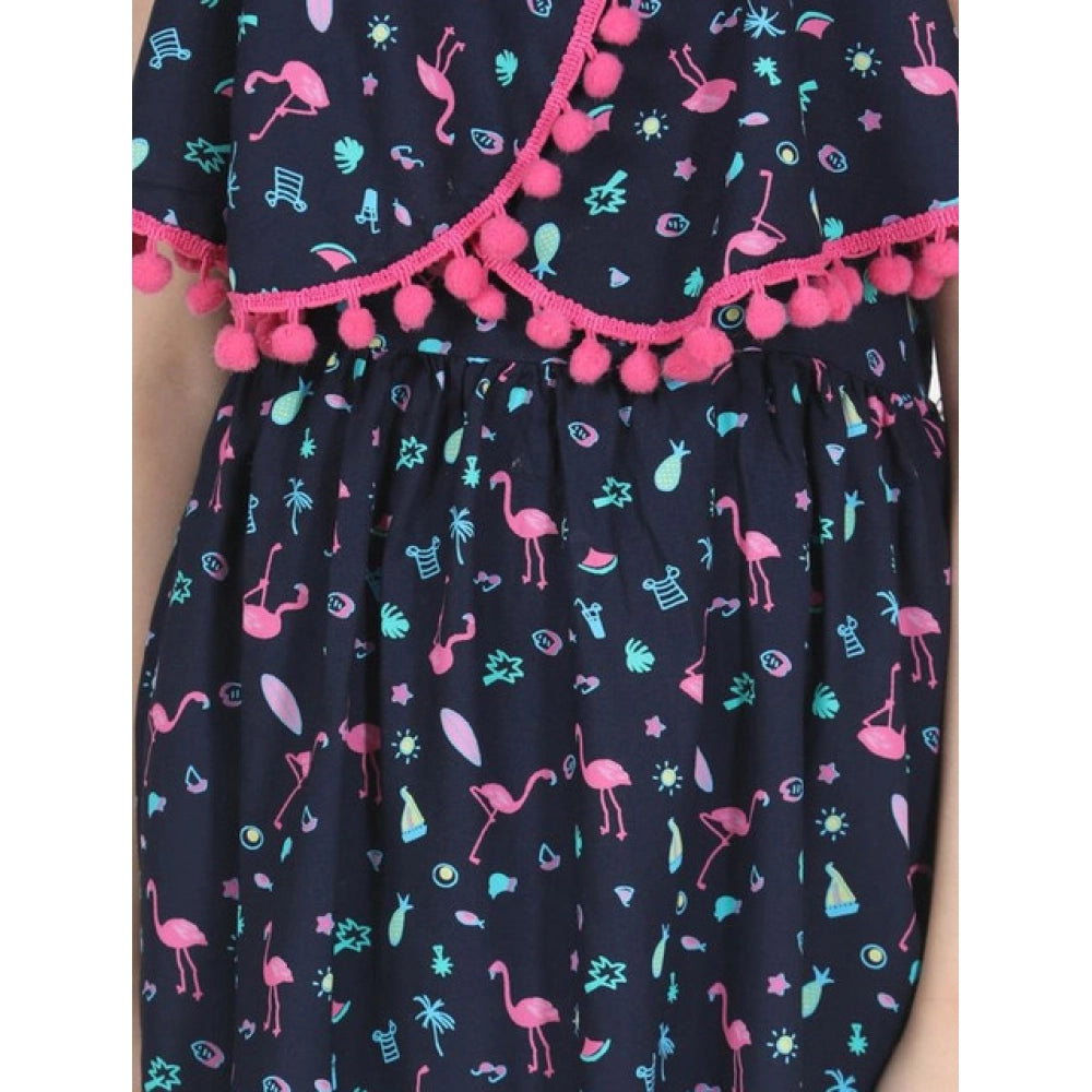 Girl's Rayon Flamingo Print Sleeveless Dress (Black)