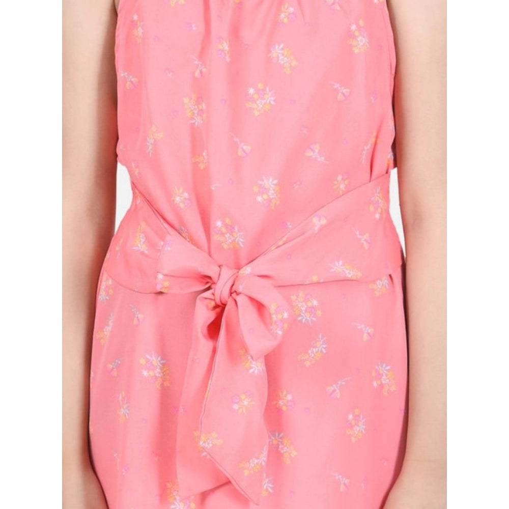 Girl's Polyester Floral Short Sleeve Dress (Coral)
