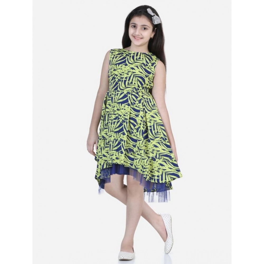 Girl's Polyester Crepe &amp; Net Printed Sleeveless Dress (Yellow-Blue)