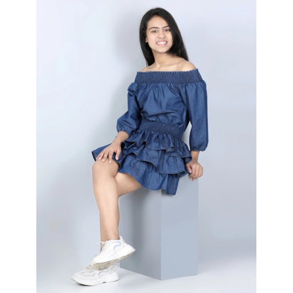 Girl's Denim Solid Off Shoulder Dress (Blue)