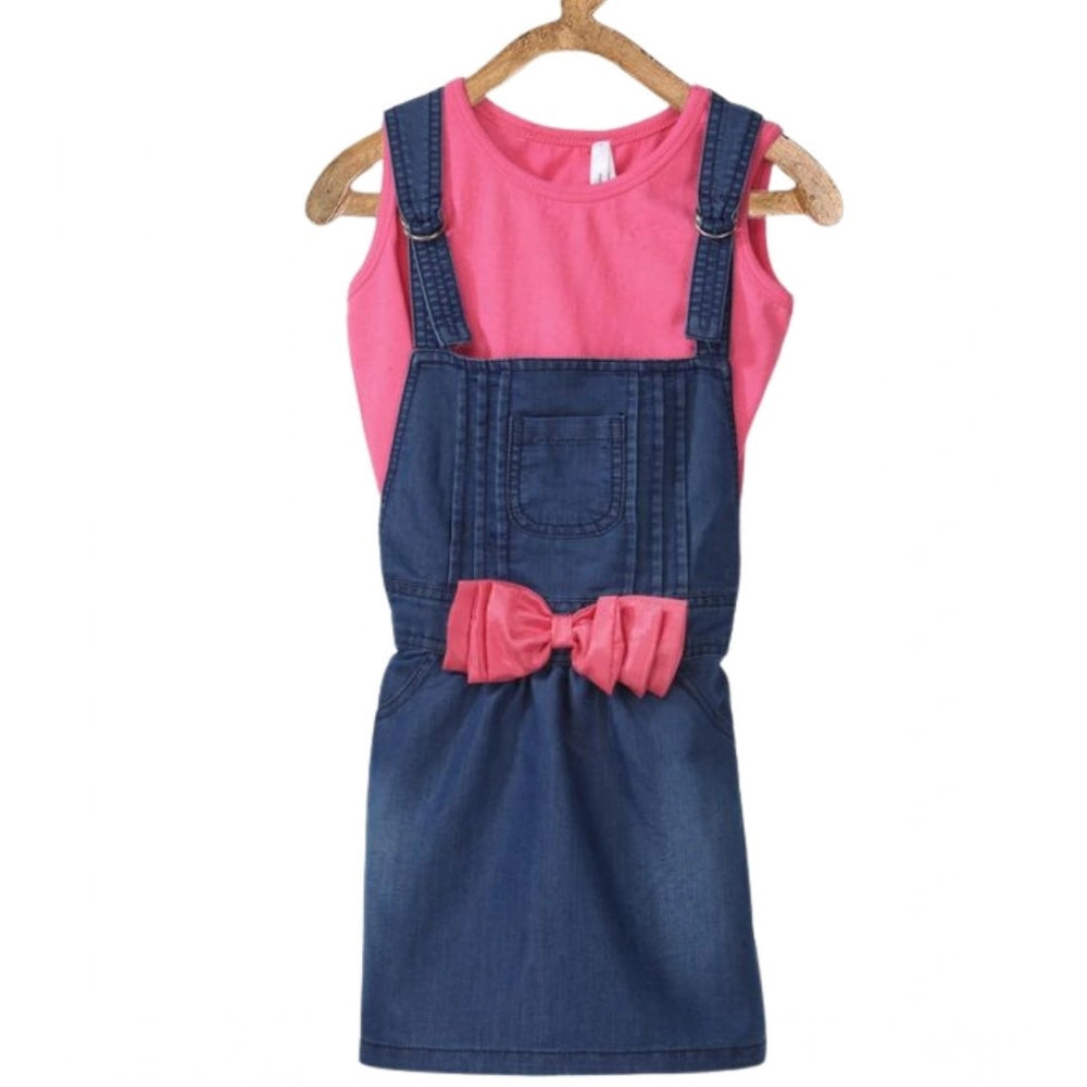 Girl's Denim &amp; Cotton Bow Sleeveless Dungaree (Pink)