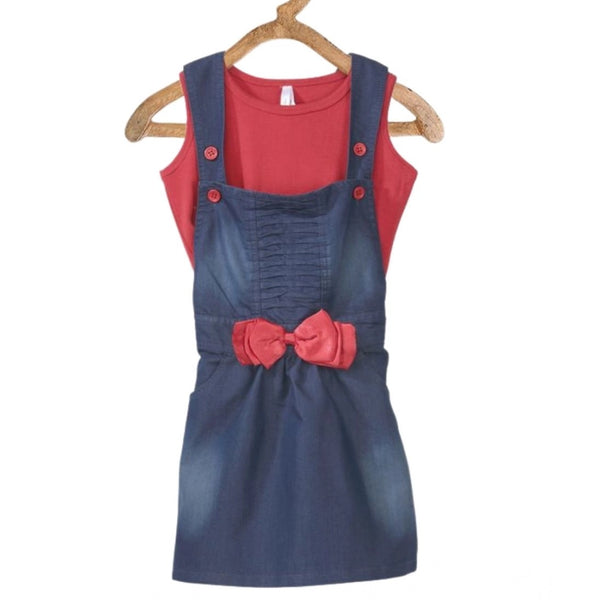 Girl's Denim &amp; Cotton Bow Sleeveless Dungaree (Red)