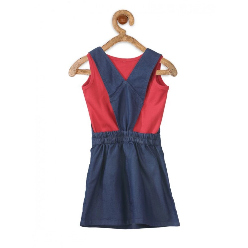 Girl's Denim &amp; Cotton Bow Sleeveless Dungaree (Red)