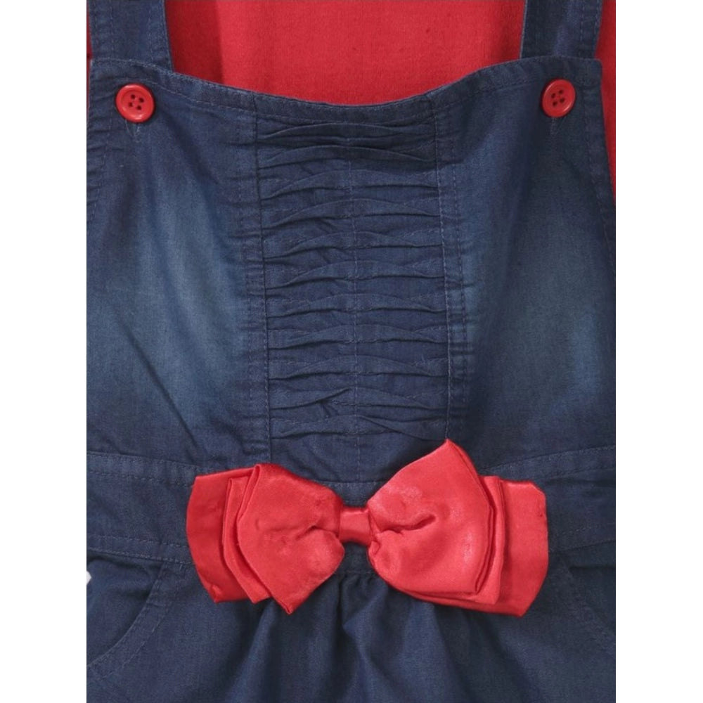 Girl's Denim &amp; Cotton Bow Sleeveless Dungaree (Red)