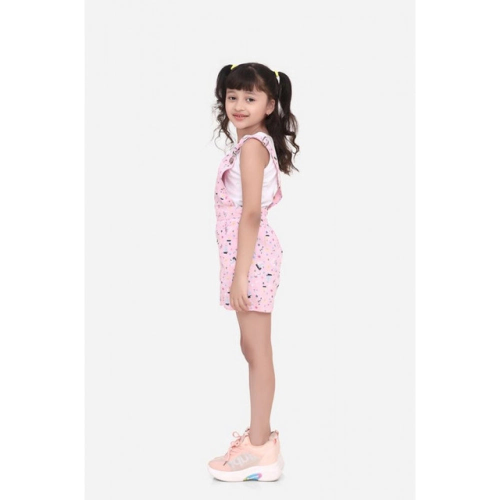 Girl's Inner- Cotton Printed Sleeveless Dungaree (Light Pink)