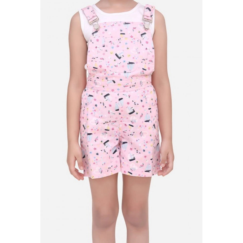 Girl's Inner- Cotton Printed Sleeveless Dungaree (Light Pink)