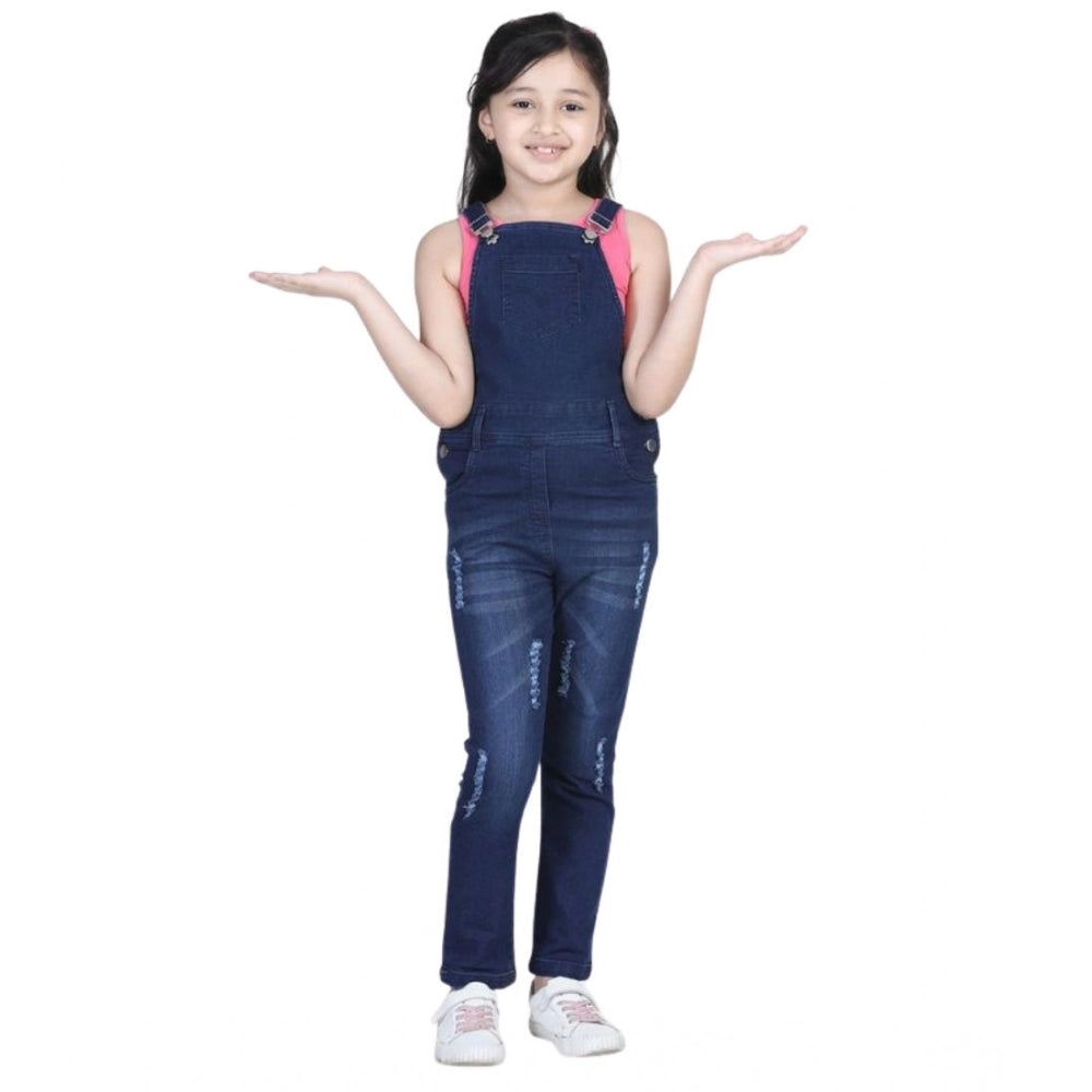 Girl's Denim Distressed Buttoned Dungaree (Blue)