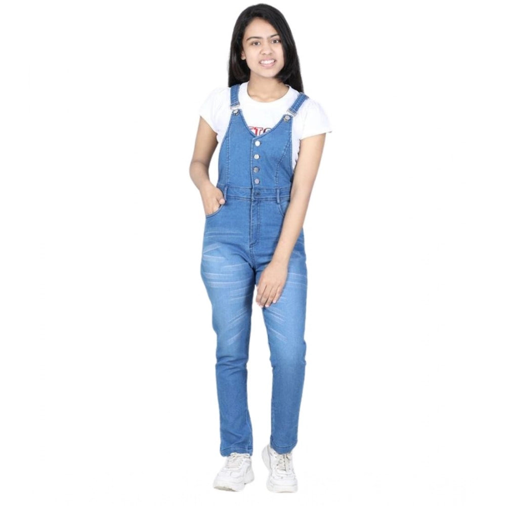 Girl's Denim Solid Buttoned Dungaree (Blue)