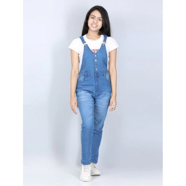 Girl's Denim Solid Buttoned Dungaree (Blue)
