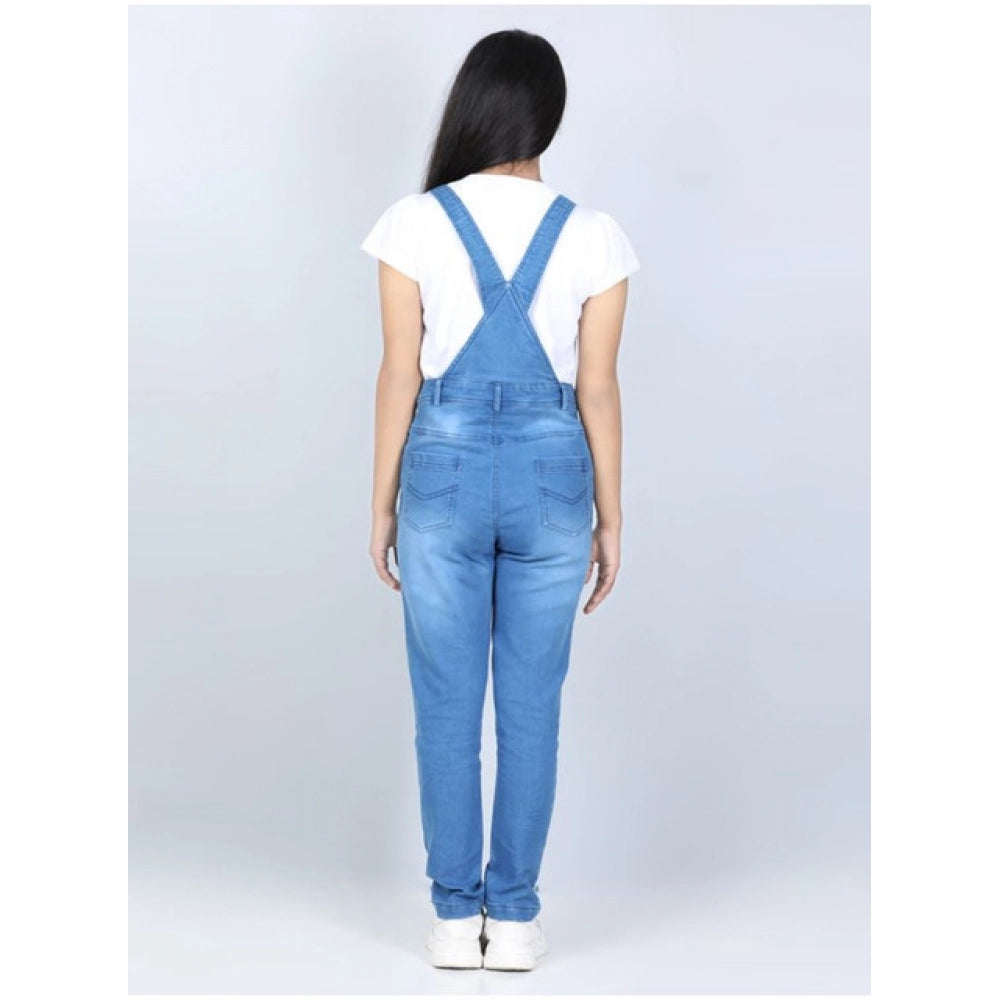 Girl's Denim Solid Buttoned Dungaree (Blue)