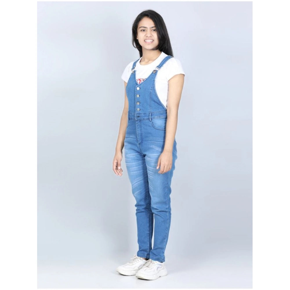 Girl's Denim Solid Buttoned Dungaree (Blue)