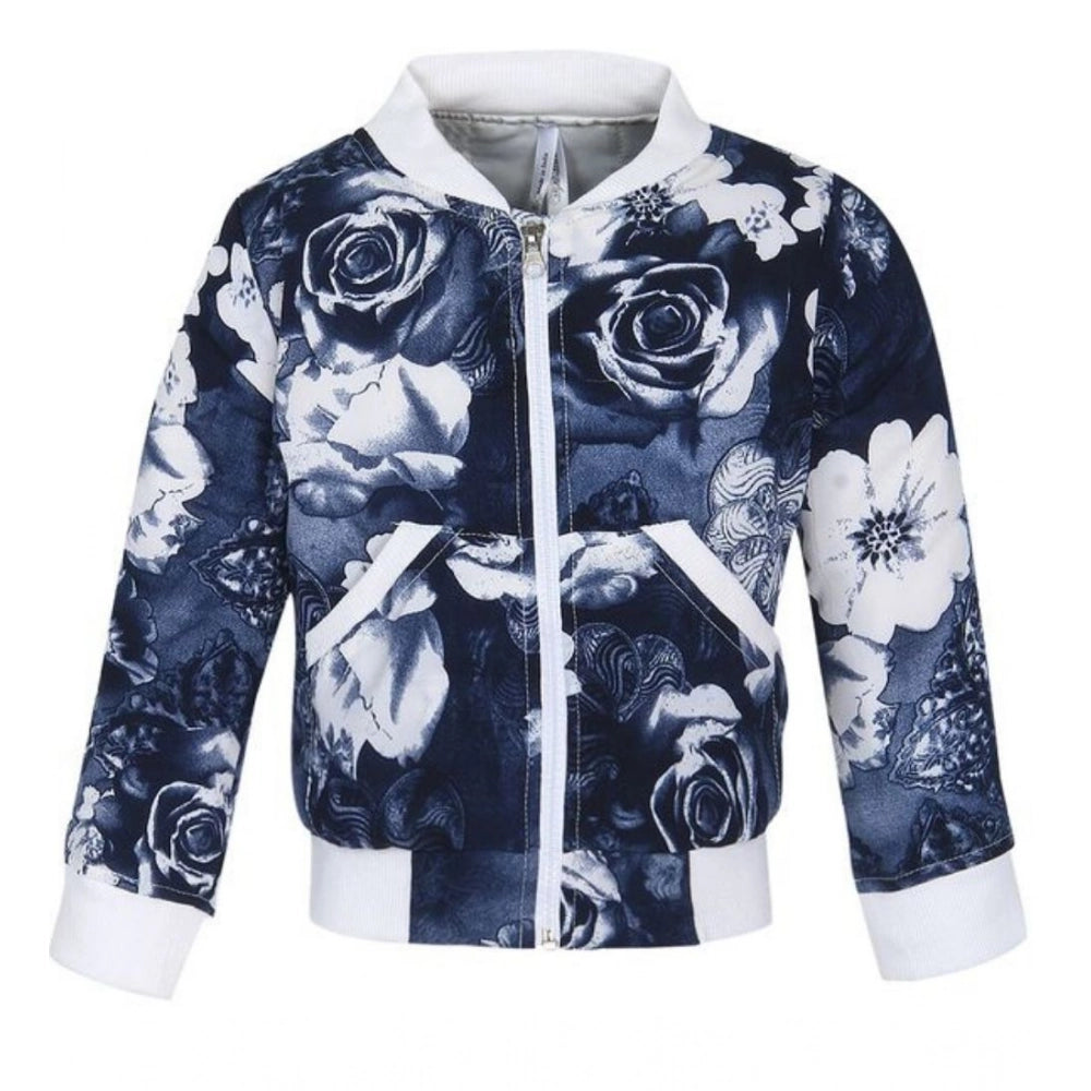 Girl's Polyester Printed Long Sleeves Bomber Jacket (White-Blue)