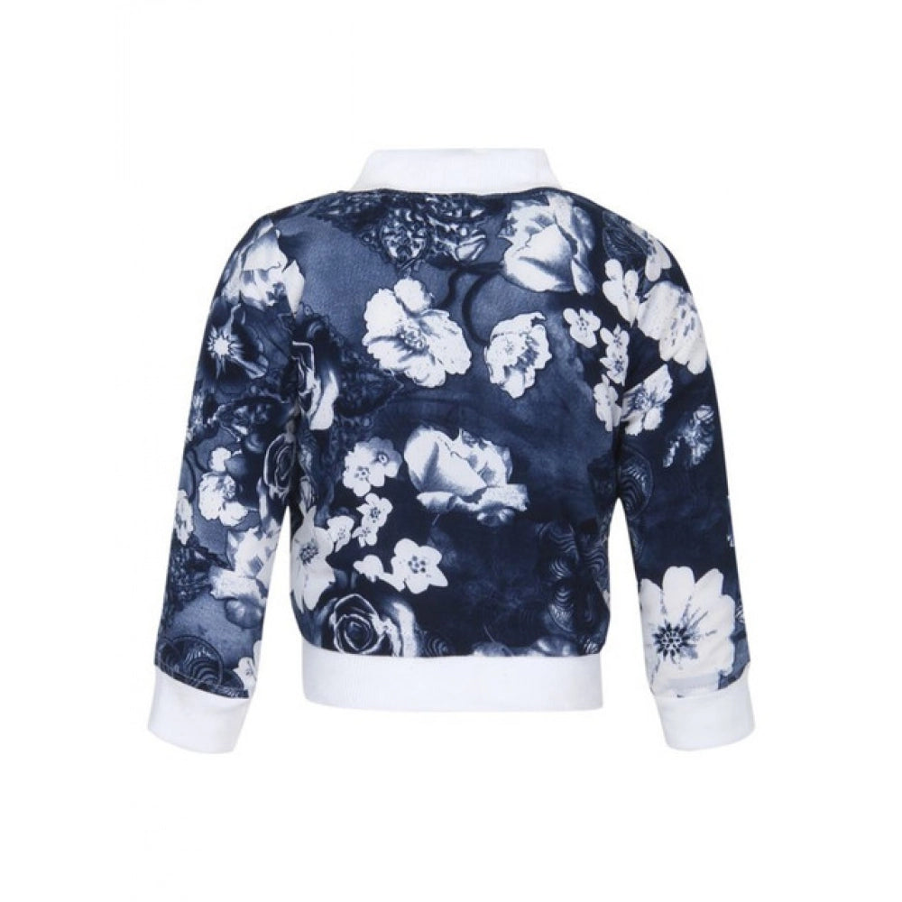Girl's Polyester Printed Long Sleeves Bomber Jacket (White-Blue)