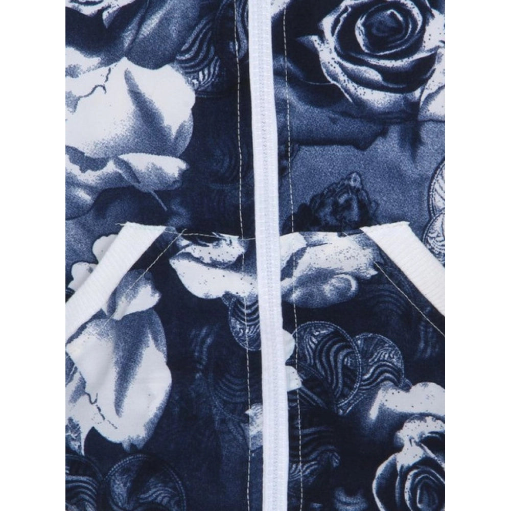 Girl's Polyester Printed Long Sleeves Bomber Jacket (White-Blue)