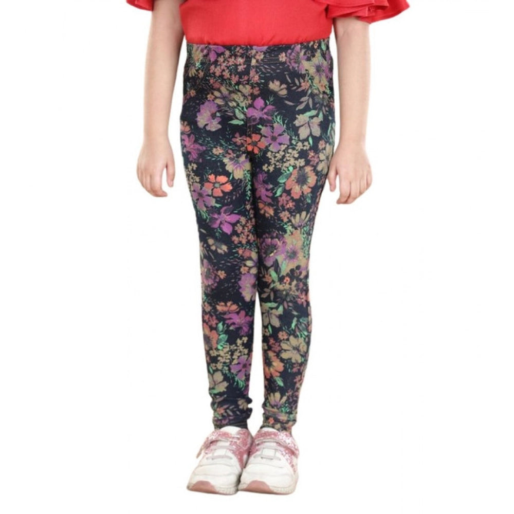 Girl's Cotton Lycra Floral Elasticated Jeggings (Multicolor)