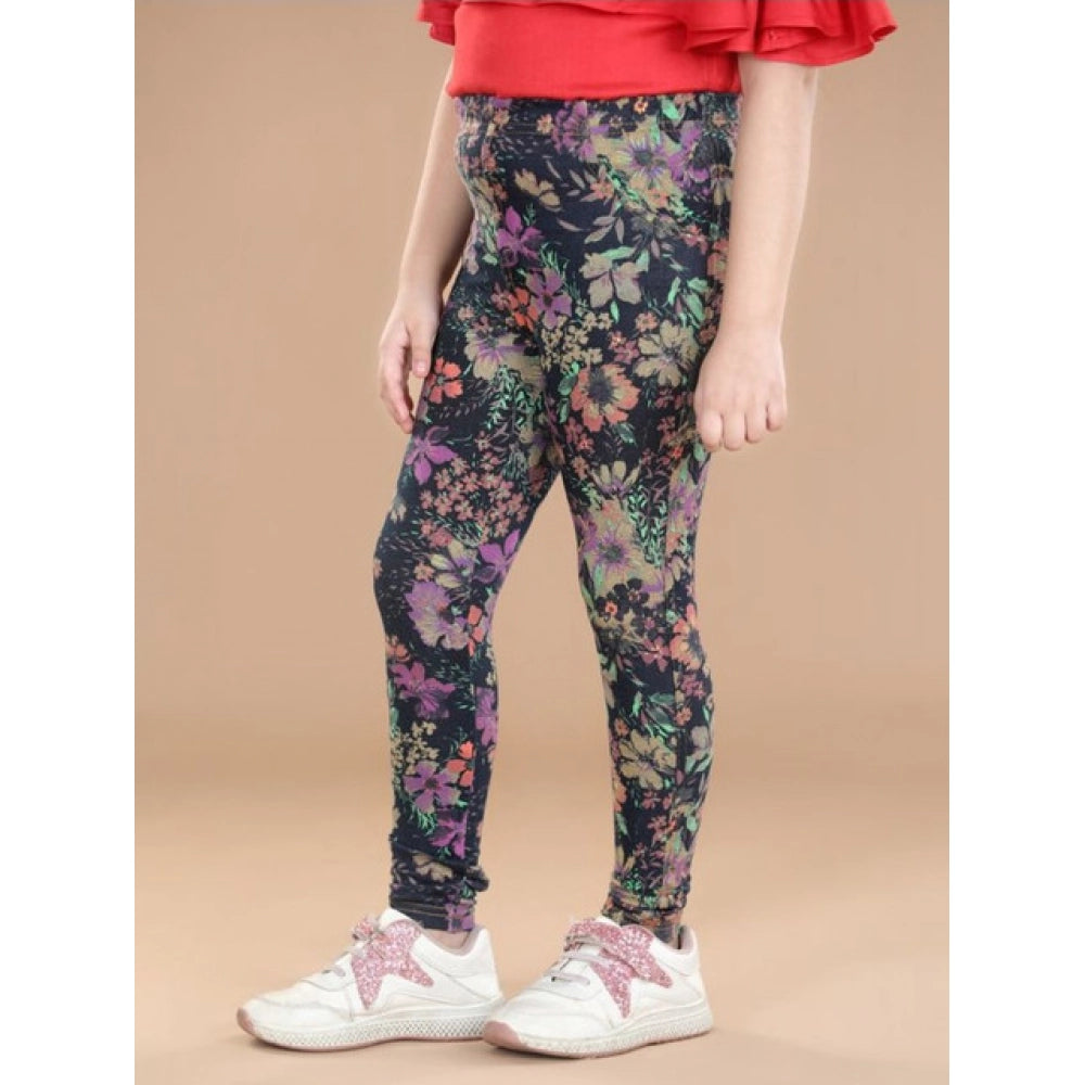 Girl's Cotton Lycra Floral Elasticated Jeggings (Multicolor)