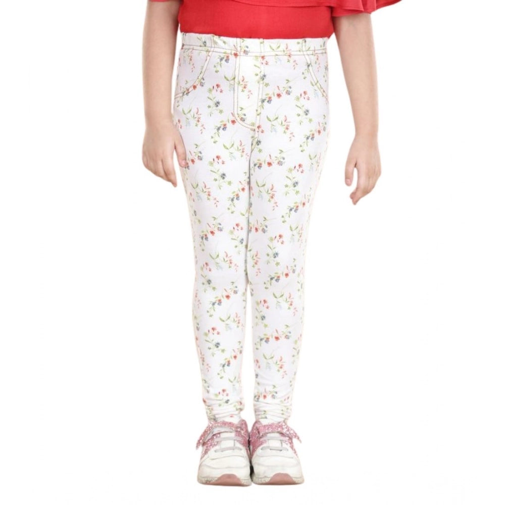 Girl's Cotton Lycra Floral Elasticated Jeggings (White-Green)