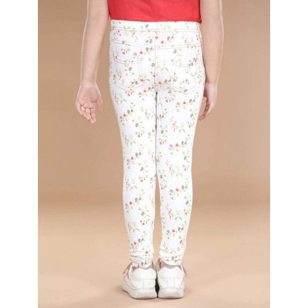 Girl's Cotton Lycra Floral Elasticated Jeggings (White-Green)