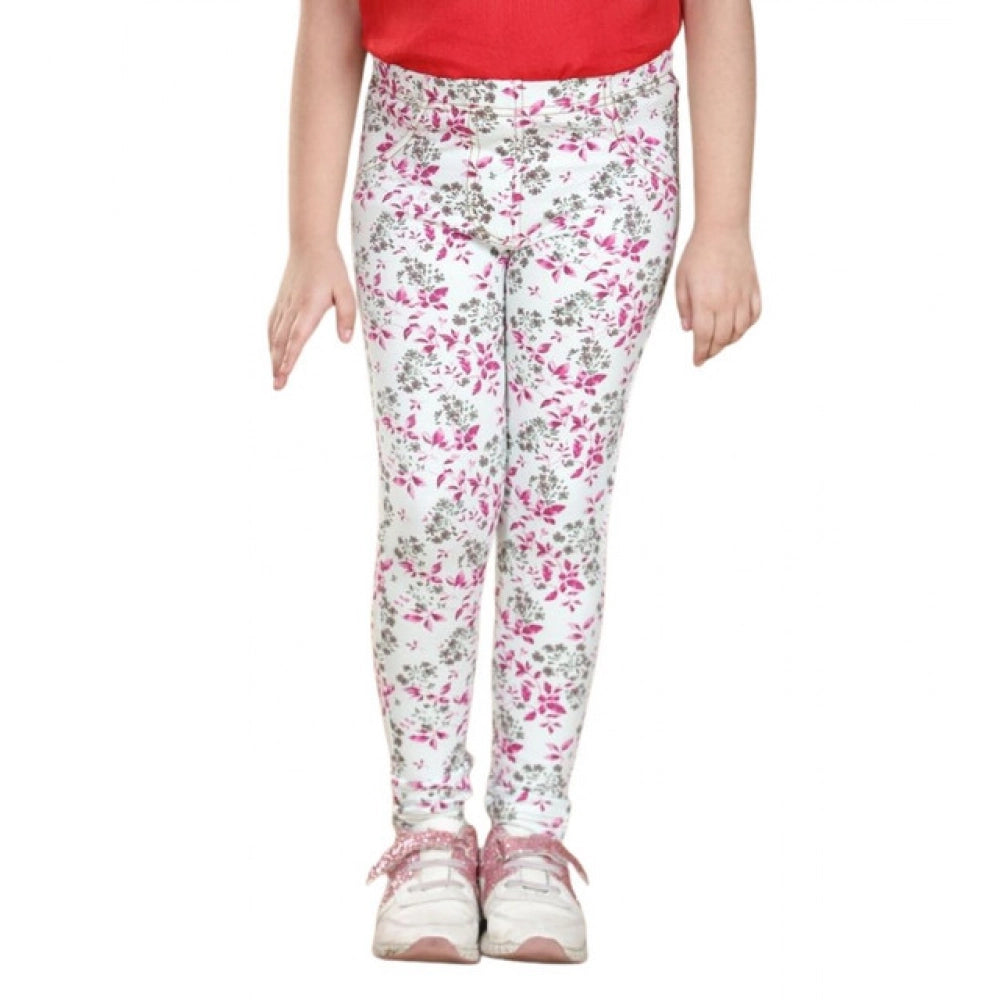 Girl's Cotton Lycra Floral Elasticated Jeggings (White-Pink)
