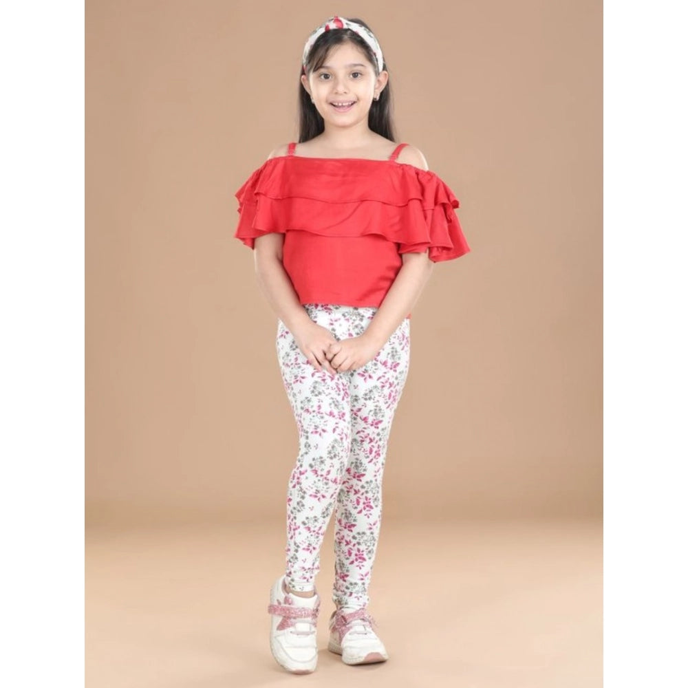 Girl's Cotton Lycra Floral Elasticated Jeggings (White-Pink)