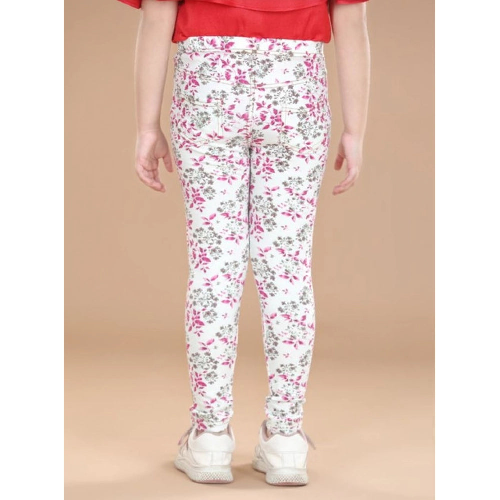 Girl's Cotton Lycra Floral Elasticated Jeggings (White-Pink)