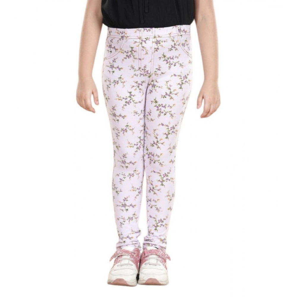 Girl's Cotton Lycra Floral Elasticated Jeggings (Multicolor)