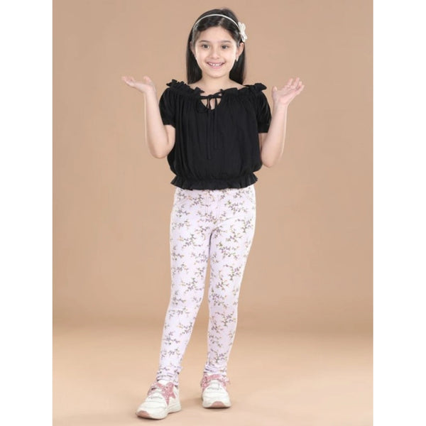 Girl's Cotton Lycra Floral Elasticated Jeggings (Multicolor)
