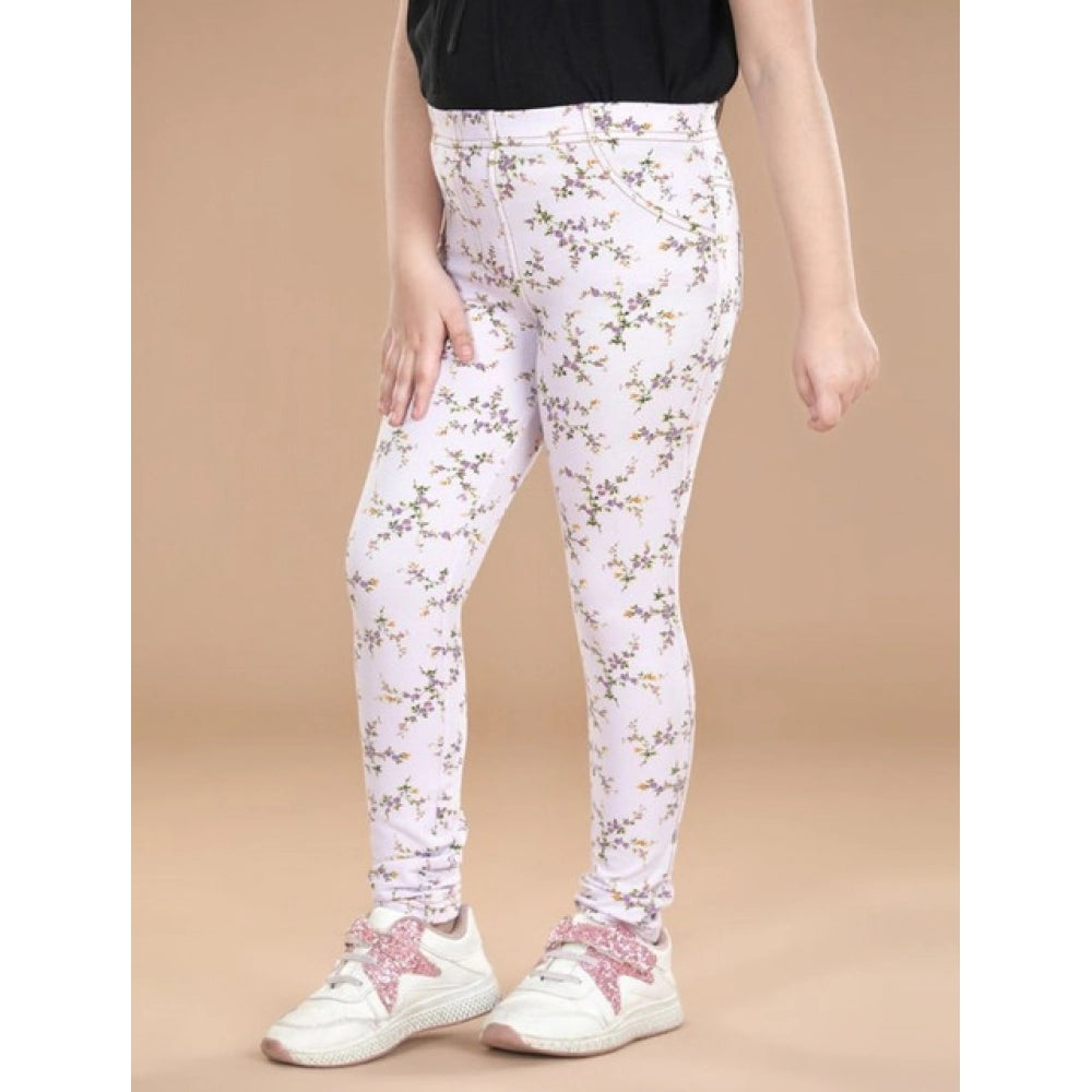 Girl's Cotton Lycra Floral Elasticated Jeggings (Multicolor)